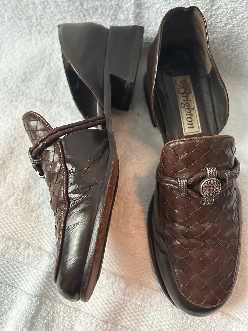 Brighton Men’s Dark Brown Woven Leather Slip-On Loafers with Decorative Bit